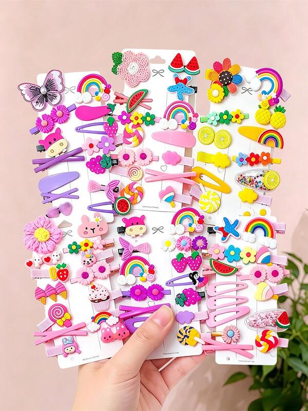 14/28/56pcs/Set Cartoon Fruit Rainbow Hair Clips, Rainbow, Watermelon, Pineapple, Flower, Rabbit, Unicorn And More Cartoon Designs, Paired With Pink, Purple, Yellow And Other Macaron Colors, Cute And Eye-Catching - Suitable For Girls And Women, Perfect For Daily Wear, Vacation, Party, Graduation Season, Dating, Random Style,Claw Clips