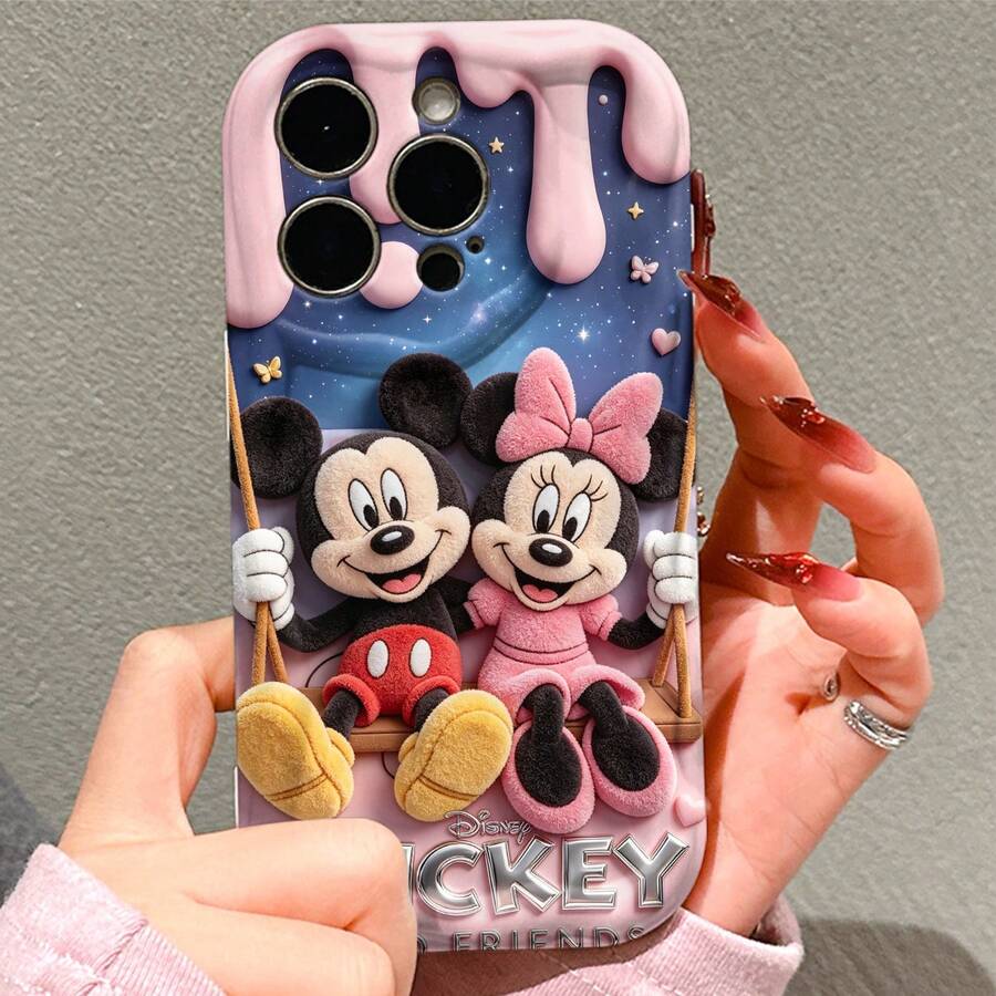 Disney Mickey & Minnie Mouse Phone Case, Plush Style With Swing & Star Print, Shockproof Protective Cover, Compatible With IPhone 17/16/15/14/13/12/11 Pro, Perfect Gift For Couples & Disney Fans - 白色 - 查看 1