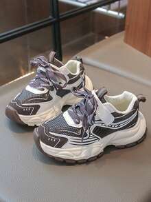 Sneaker da ragazza con suola spessa e chunky, scarpe da running in in rete traspirante con chiusura a strappo, suola antiscivolo con battistrada profondo e resistente all'usura, scarpe casual sportive da passeggio per uso esterno - Cachi - Visualizzare 2
