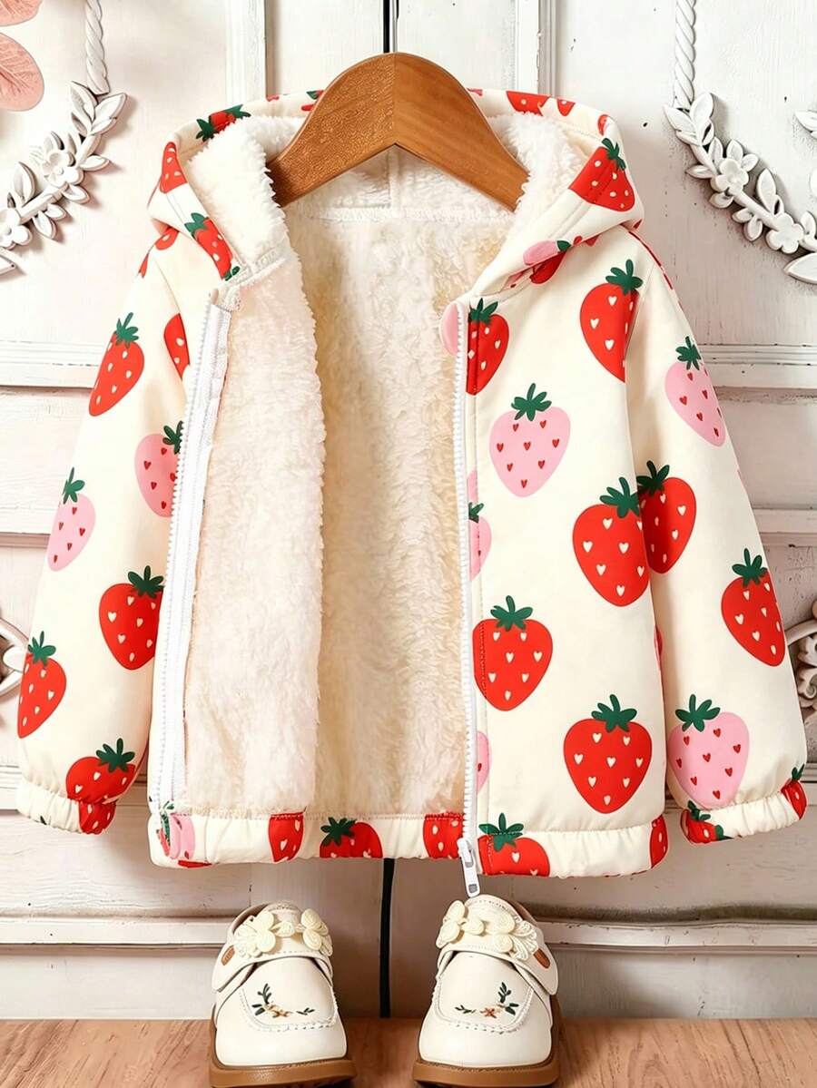Young Girl Strawberry Print Warm Hooded Jacket - White - View 1