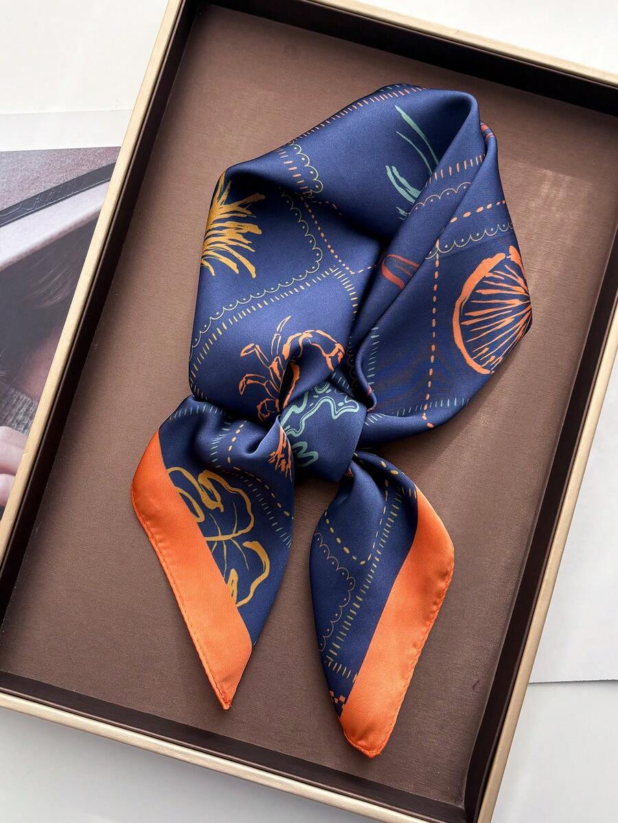 1pc Spring/Summer Ocean Print Women Bandana Square Scarf Headwrap Hairband Fashion Multifunctional Small Neck Scarf Suitable For Daily Use - Navy Blue - View 1