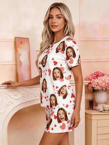 Women Two Pieces Short Pajama Set, White Base Decorated With Custom Face Prints And Red-Pink Heart Patterns, Made Of Soft Breathable Lightweight - Multicolor - View 3