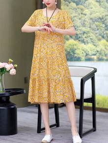 New Casual Mid-Length Loose-Fitting Printed Dress For Women, Stylish For Summer Vacation - 黃色 - 查看 10