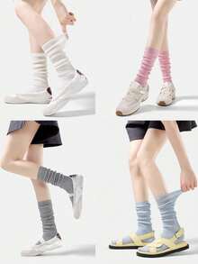 1/2/5 Pasang Kaos Kaki Balet Wanita Lembut Warna Putih Gaya JK Longgar Bergaris Lipit Setengah Betis, Kembali ke Sekolah - MultiWarna - View 2