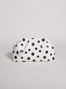 1 pieza Bolso de Nube Plisado de PU con Estampado de Lunares en Contraste Negro & Blanco de Textura Aceitosa de Alto Brillo, Bolso de Mano Minimalista para Uso Diario, Bolso de Noche de Estilo Minimalista, Bolso de Moda para Mujer para Uso en Banquetes y Fiestas - Blanco - Ver 4