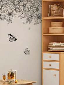 1 Piece Of Black And White Floral Series Wall Decal, Line-Drawing/Ink-Style Butterfly Decorative Sticker, Self-Adhesive And Removable For Bedroom Or Hallway Walls, Comes With An Artistic Feel, Perfect For Creating A Personalized Home Corner. - Wall Stickers - View 4