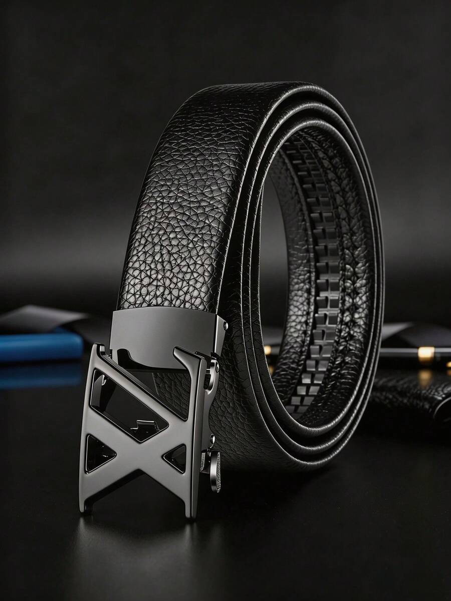 Men's PU Litchi Grain Automatic Buckle Alloy Belt, Gold Gun Black Silver 3 Colors Optional, Business Casual Versatile Durable Adjustable, Suitable For Dress Pants And Multiple Occasions - Multicolor - View 1