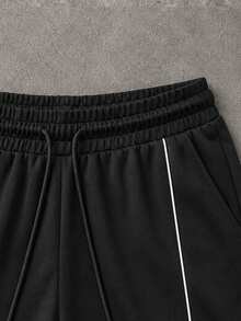 Men's Wide Leg Casual Sports Sweatpants With Curved White Contrast Stitching, Elastic Waist And Drapey Floor-Length Fit - Black - View 3