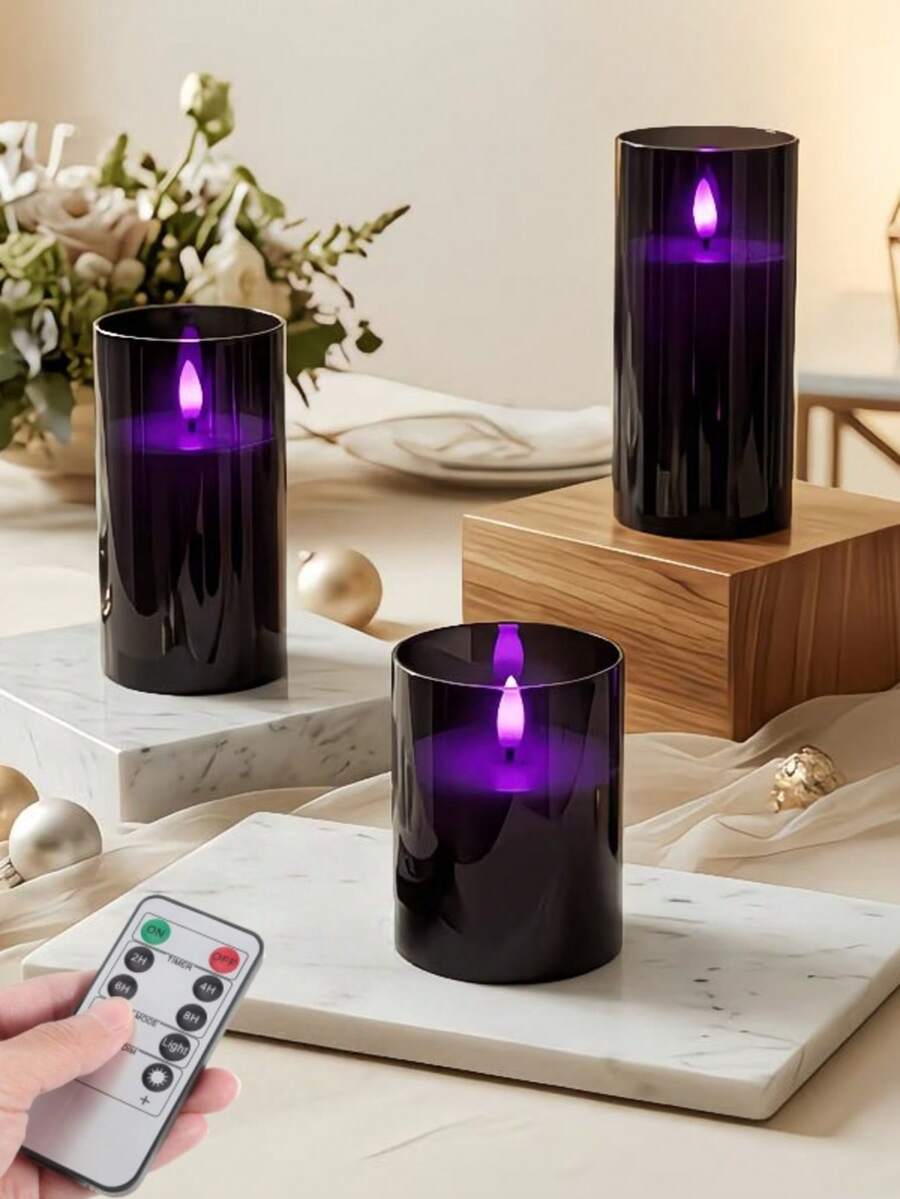 3入組無焰黑色蠟燭附遙控器與定時器,電池供電閃爍LED蠟燭,紫色燈光,適用於婚禮、派對、居家及節日裝飾 - 紫光 - 查看 1