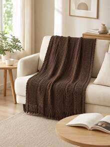 1pc Solid Color Knitted Blanket, Nordic Style Tassel Design Soft Blanket, Office Nap Blanket, Bed Cover, Sofa Throw, Suitable For Daily Use - Twisted Towel Coffee - View 3
