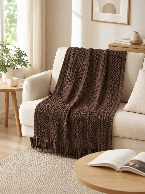 1pc Solid Color Knitted Blanket, Nordic Style Tassel Design Soft Blanket, Office Nap Blanket, Bed Cover, Sofa Throw, Suitable For Daily Use