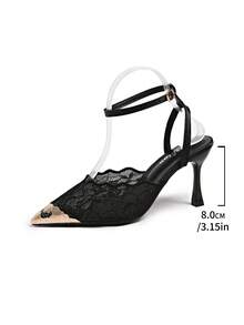 Women's Summer Fashion Commute Sexy Party Pointed Toe Stiletto High Heel Sandals With Ankle Strap Buckle Closure Lace Fabric Metal Toe Black Shoes - Black - View 8