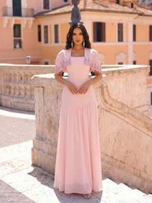 New Heavy Embellished Luxury Diamond Shawl + Bandage Dress 2-Piece Set, Flowing Mesh Skirt, Elegant Glamorous Birthday Party Bandage Dress - Pink - View 2