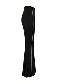 Black High-Waisted Wide Leg Sweatpants, Draped Slim Fit With White Side Stripes, Versatile Straight Leg Floor-Length Trousers Sports - Black - View 6