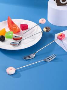 2pcs Stainless Steel Donut Spoon & Fork Set Dessert Spoon Coffee Spoon Fruit Fork Tableware - Multicolor - View 6