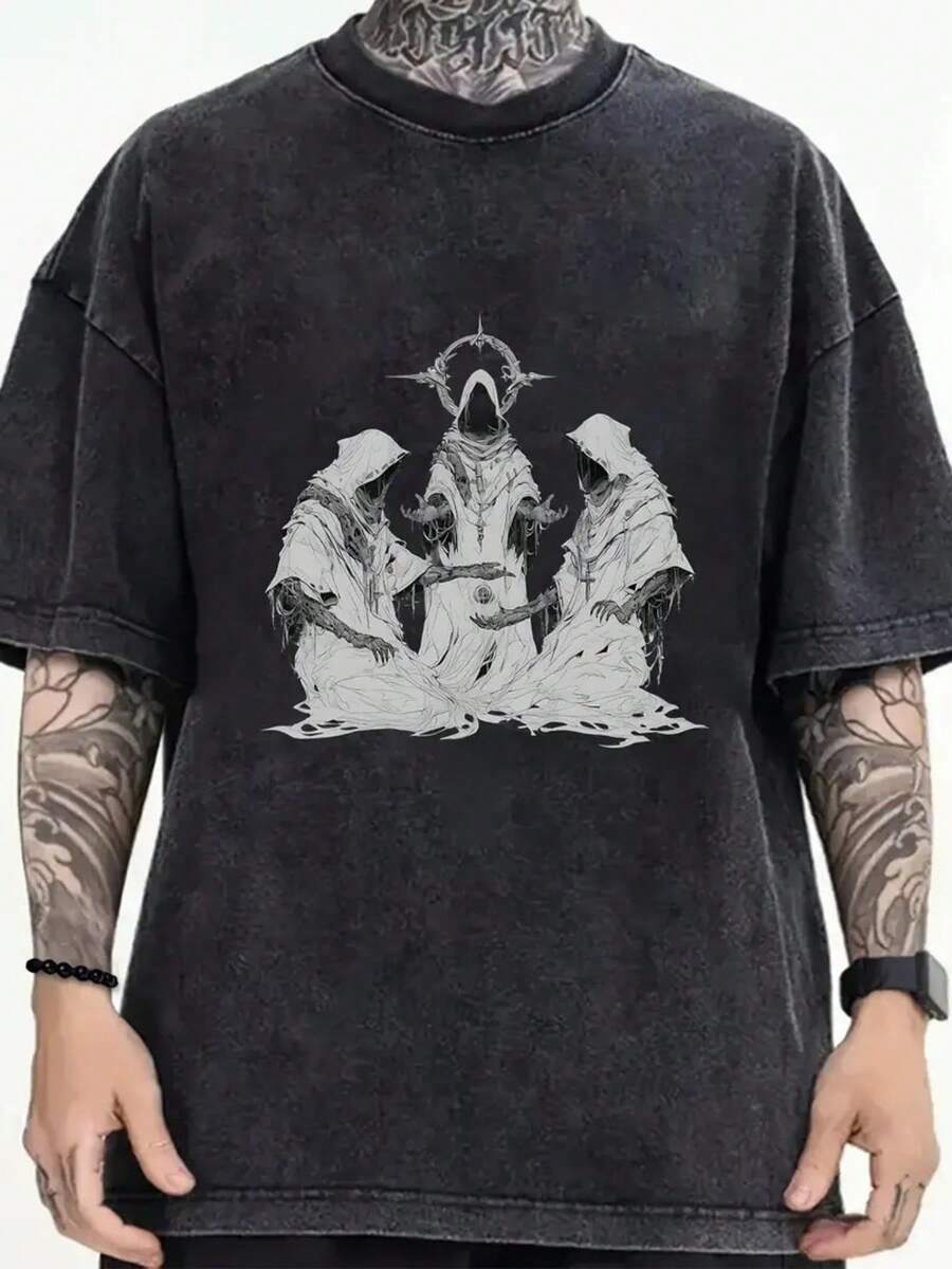 Camiseta de verano para hombre de 230g, lavada, con estampado misterioso de sacerdote en sacrificio, hecha de algodón batik de alta calidad, adecuada para actividades urbanas y al aire libre - Negro - Ver 1