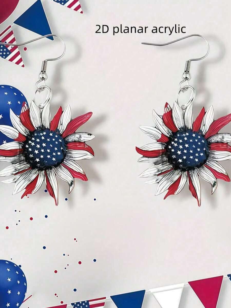 1 Pair 2D Flat American Flag Red White Blue Striped Acrylic Earrings - Vintage Patriotic Floral Design, Suitable For July 4th Independence Day Gift, All Season Wear And Party Parade Daily Outfit Accessory (No Feather Decoration), 2D Flat Style - Multicolor - View 1