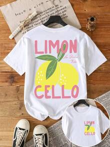Camiseta de mujer de manga corta y cuello redondo con estampado de limón, diseño minimalista para uso diario - Blanco - Ver 1
