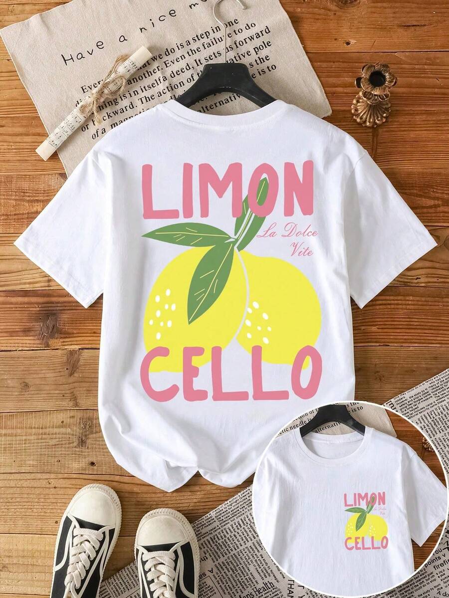 Camiseta de mujer de manga corta y cuello redondo con estampado de limón, diseño minimalista para uso diario - Blanco - Ver 1