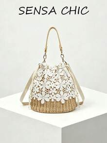 Diese stilvolle, vom Resort inspirierte Stroh-Spitzen-Eimer-Tasche zeichnet sich durch durchbrochene Blumen-Spitze mit Kordelzug-Verschluss und verstellbarem Schultergurt für verschiedene Tragemöglichkeiten aus. Perfekt für Strandurlaube, Einkaufsbummel oder Dates, macht die leichte und atmungsaktive Stroh-Webtechnik es einfach, sie mit Kleidern oder Lässig Kleidung zu kombinieren, um einen erfrischenden und romantischen Sommerlook zu kreieren. - Gelb - Übersicht 9