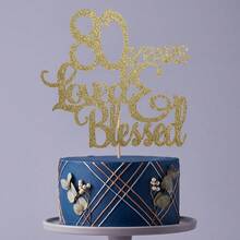 1pc 80th Birthday Cake Topper, Gold Glitter "80 Years Loved & Blessed" Cake Decoration For Anniversary Party, Elegant Birthday Party Supplies - Multicolor - View 6