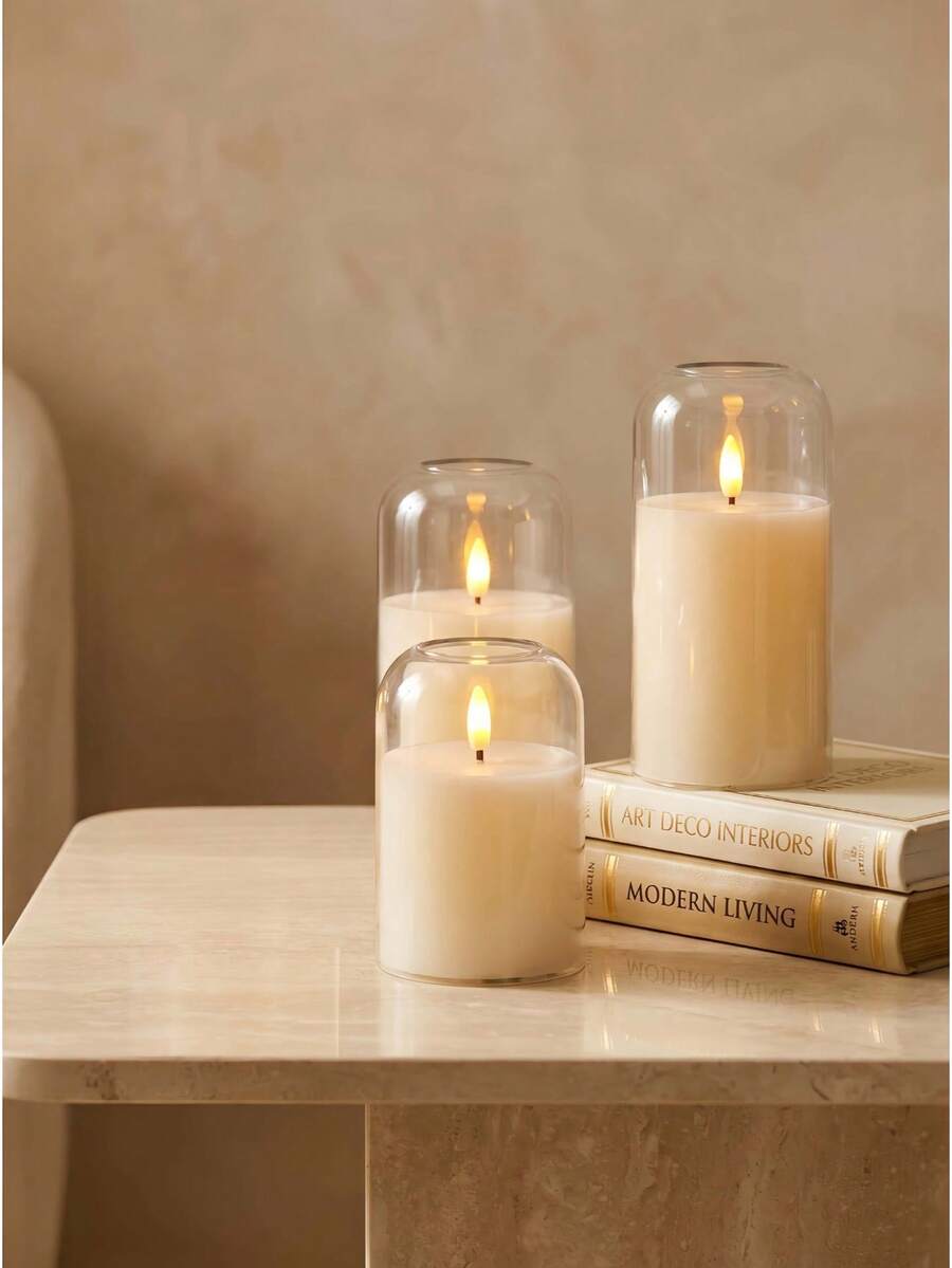 3pcs Set White Curved Acrylic Flameless LED Candles, Realistic Flickering Design Simulating Natural Candlelight Glow, Immersive Ambient Lighting Effect For Any Space, Battery Operated, Remote Control, Timer Function, Suitable For Home Decor, Birthday Party, Christmas, Halloween, Wedding Decoration, Holiday Decoration - White - View 1