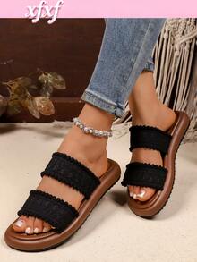 XfxfA Pair Of Women's Black Lace Fashionable Sandals, Breathable With Exposed Toes, Suitable For Daily Outings/Dates/Vacations And Other Occasions - Black - View 2
