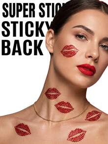Realistic Red Lip Rhinestone Body Face Gems For Women Jewelry Stickers Shiny Valentine's Day Temporary Face Body Decoration Synthetic Gemstone Lip Design For Parties Photos Party Accessories Event Makeup Cheer Cheerleading Stuff - Multicolor - View 7