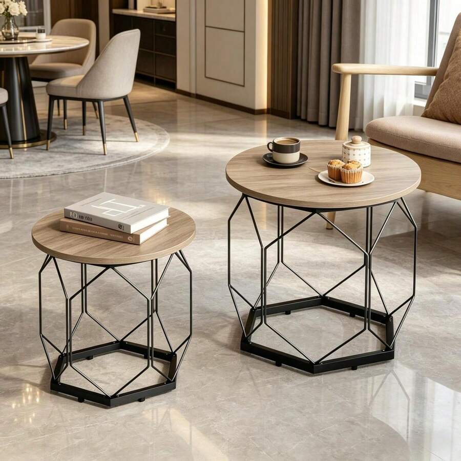 Nordic-Style Coffee Table With Wrought Iron Elements / Simple Round Coffee Table / Round Coffee Table With Removable Tabletop / Stackable Coffee Table / Suitable For Bedrooms And Living Rooms - 卡其色 - 查看 1