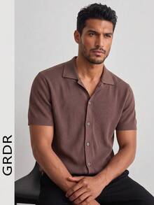 GRDR Minimalist Solid Color Single-Breasted Knit Polo Collar Men's Short Sleeve Top, Cardigan Button-Up Shacket - Brown - View 10