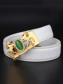 Women's & Men's White Automatic Belt, Gold Buckle, Royal Green And Rhinestone Details, Adjustable Luxury Casual And Business Belt, Solid Color Elegant PU (Polyurethane) Decorative Belt, All Seasons - White - View 4
