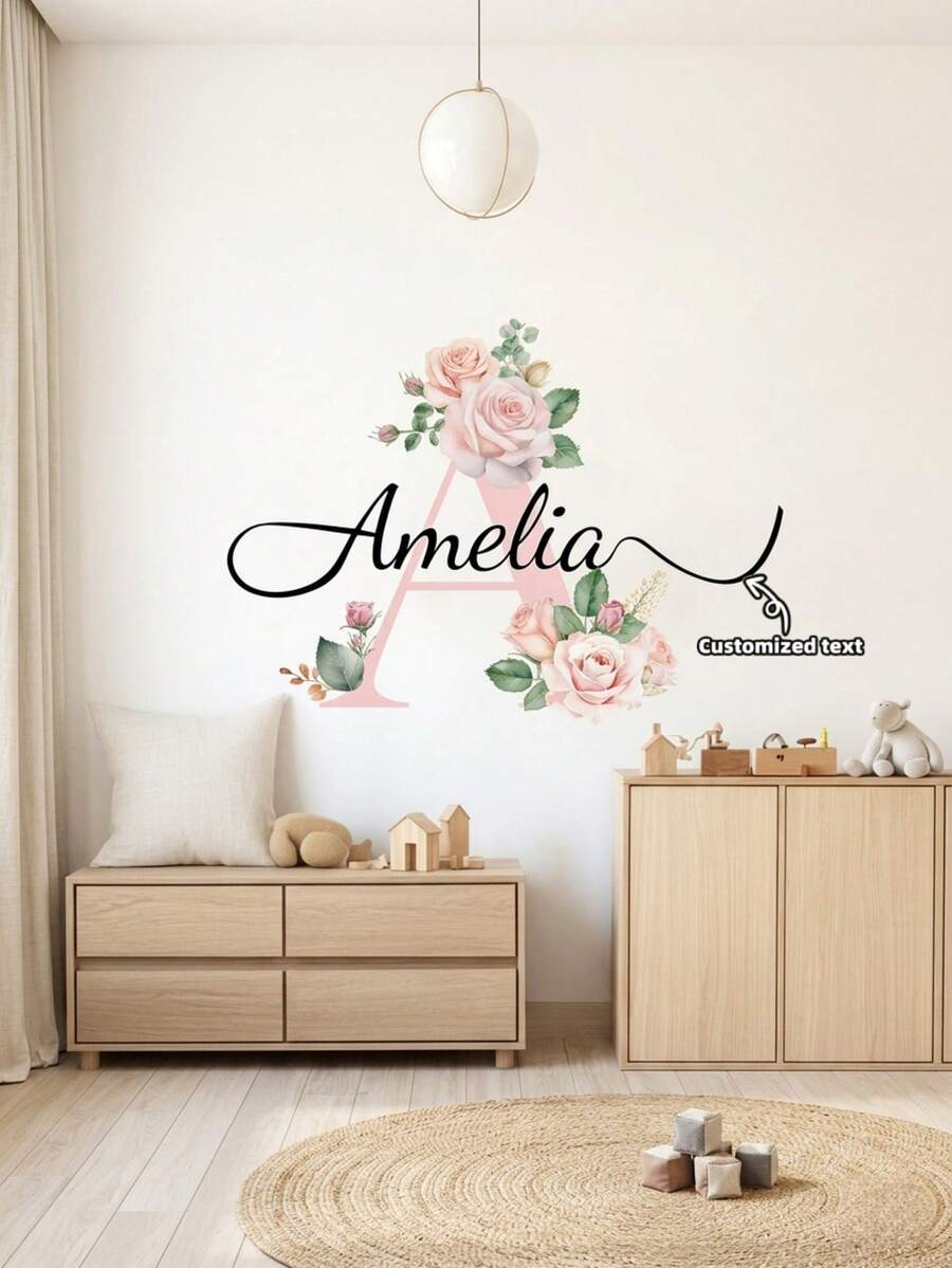 Stiker Dinding Nama Anak Perempuan yang Dipersonalisasi, Stiker Dinding Bunga Mawar Merah Muda, Dapat Dilepas, Perekat Mandiri, Dekorasi Dinding Estetis, Stiker Kamar Tidur, Hanya Stiker Boho - MultiWarna - View 1