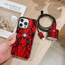 6件組彩色銀黑蜘蛛手機殼圖案 + 充電頭保護套 + 數據線保護套 + 收納繩 + 數據線保護繩 TPU 防摔保護殼，適用於 Apple 17 16e 16 15 14 13 12 11 Mini Pro Max Air X XR XSMAX 8 7 Plus，防摔磨砂背殼，智慧型手機保護殼，日常使用殼，時尚手機配件，創意設計，UV 印刷設計，時尚保護殼，時尚愛好者，音樂愛好者，生日禮物完美選擇 - 彩色 - 查看 3
