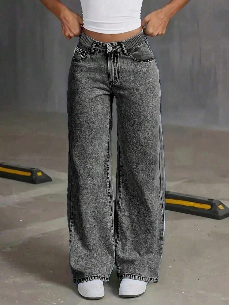Celana Jeans Denim Kasual Serbaguna untuk Remaja Perempuan di Musim Semi, Dilengkapi Saku dan Kancing untuk Aktivitas Sehari-hari - Hitam - View 1