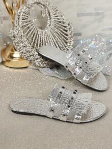 Women's Flat Sandals, Summer Fashion Multi-Functional Tassel Rivet Crocodile Embossed Sandals, Round Toe Open Toe Outdoor Beach Shoes - Silver - View 6