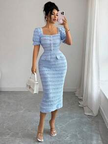 Nuevo vestido midi elegante y versátil de punto texturizado con cuello cuadrado y mangas cortas para mujeres - Azul - Ver 9