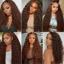 Uveous 34 Inch Chocolate Brown Deep Wave Lace Front Wigs Human Hair 200 Density 13x4 HD Lace Frontal Wig Curly Human Hair Pre Plucked Wig For Women Brown Glueless With Natural Hairline - S4 - 查看 8