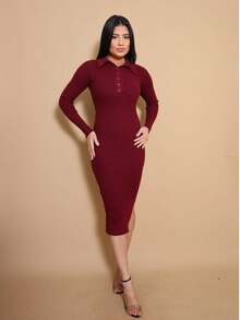 Helena Long-Sleeved Modal Knit Midi Dress For Autumn/Winter - Redwood - View 4