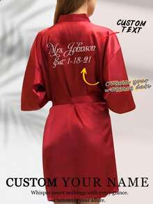 Custom Rhinestone Name Satin Bridal Robe For Women, Pink Morning Robe, Wedding Date Bridesmaid Gift - Red - View 2