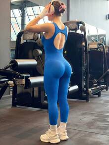 1pc Women Plus Size Seamless One-Piece Jumpsuit, Backless Sexy Sports - Navy Blue - View 5