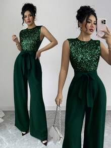 Raffinéa Mono elegante francés para vacaciones, parches de lentejuelas transparentes, cierre con cremallera en la espalda; cinturón de tela en la cintura, diseño de manga abullonada y - Verde Oscuro - Ver 1