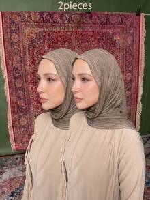 2pcs/Set Dirty Wash Arabic Hijab, Thin Solid Color Lightweight Casual Long Scarf, Suitable For Daily Use, Raffeld Hijab - Khaki - View 2