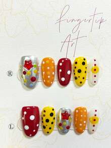 10pcs Y2K Dopamine Press-On Nails, Colorful Polka Dot And 3D Star Design Fake Nails, Reusable Oval Nails For Daily Manicure (1 Jelly Sticker + 1 Nail File) Handmade Press On Nails - Multicolor - View 4