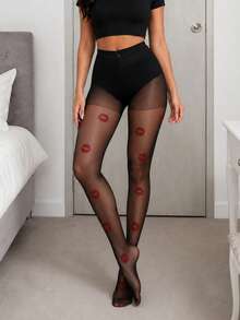 Women Sheer Black Pantyhose With Red Lip Print, High Stretch Thin Tights, Fashion Patterned Legwear For Party, Date & Daily Outfits - Multicolor - View 8