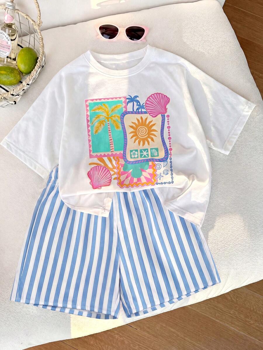 2pcs/Set Girls Vacation Style T-Shirt & Striped Shorts Set - Blue - View 1