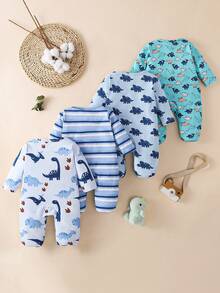 Bộ 4 bộ jumpsuit trẻ em có chân, họa tiết khủng long động vật hoạt hình dễ thương in toàn thân - Nhiều màu - Xem 2