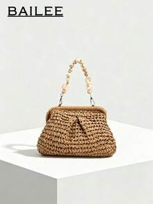 BAILEE Fashionable Leisure And Vacation Handcrafted Grass-Woven Pleated Cloud-Shaped Bag, Bead-Decorated Shoulder Strap, Perfect For Outfits And Gifts. - Khaki - View 2