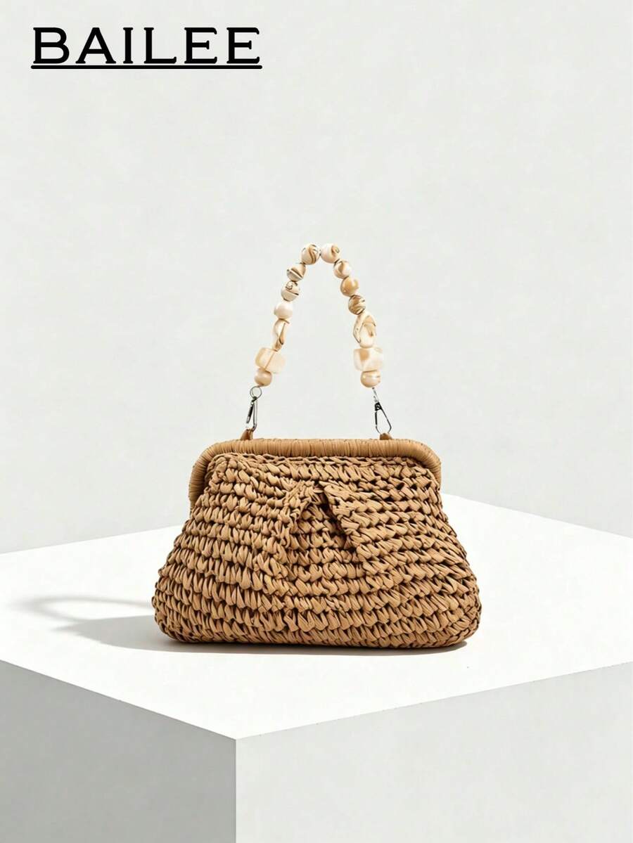 BAILEE Fashionable Leisure And Vacation Handcrafted Grass-Woven Pleated Cloud-Shaped Bag, Bead-Decorated Shoulder Strap, Perfect For Outfits And Gifts.