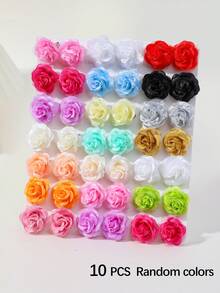 10pcs Girls Multi-Color Faux Tulle Ruched Rose & Camellia Flower Hair Clips, Bangs Side Clips, Spring/Summer Beach Hair Accessories, Random Colors, For Daily Wear - Multicolor - View 9