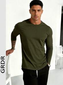 Kaos Lengan Panjang Leher Bulat Kasual Pria GRDR, Cocok untuk Santai, Olahraga, dan Perjalanan Sehari-hari - Hijau Tentara - View 2